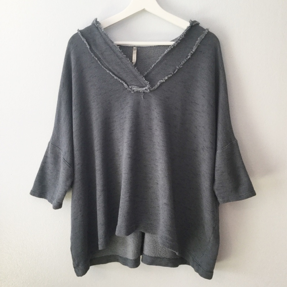 Mono B Charcoal Gray Frayed V-Neck Hoodie